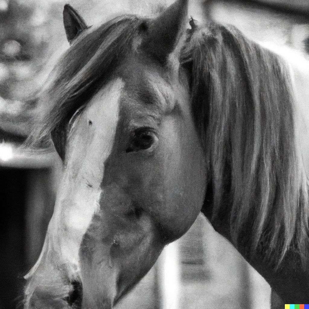 a horse, photograph, black and white